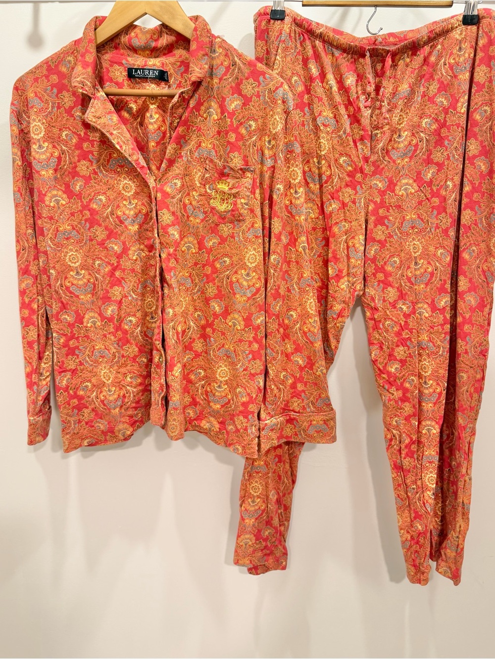 RALPH LAUREN Pajama Set Long Sleeve Red Paisley Floral Gold Logo, XL
